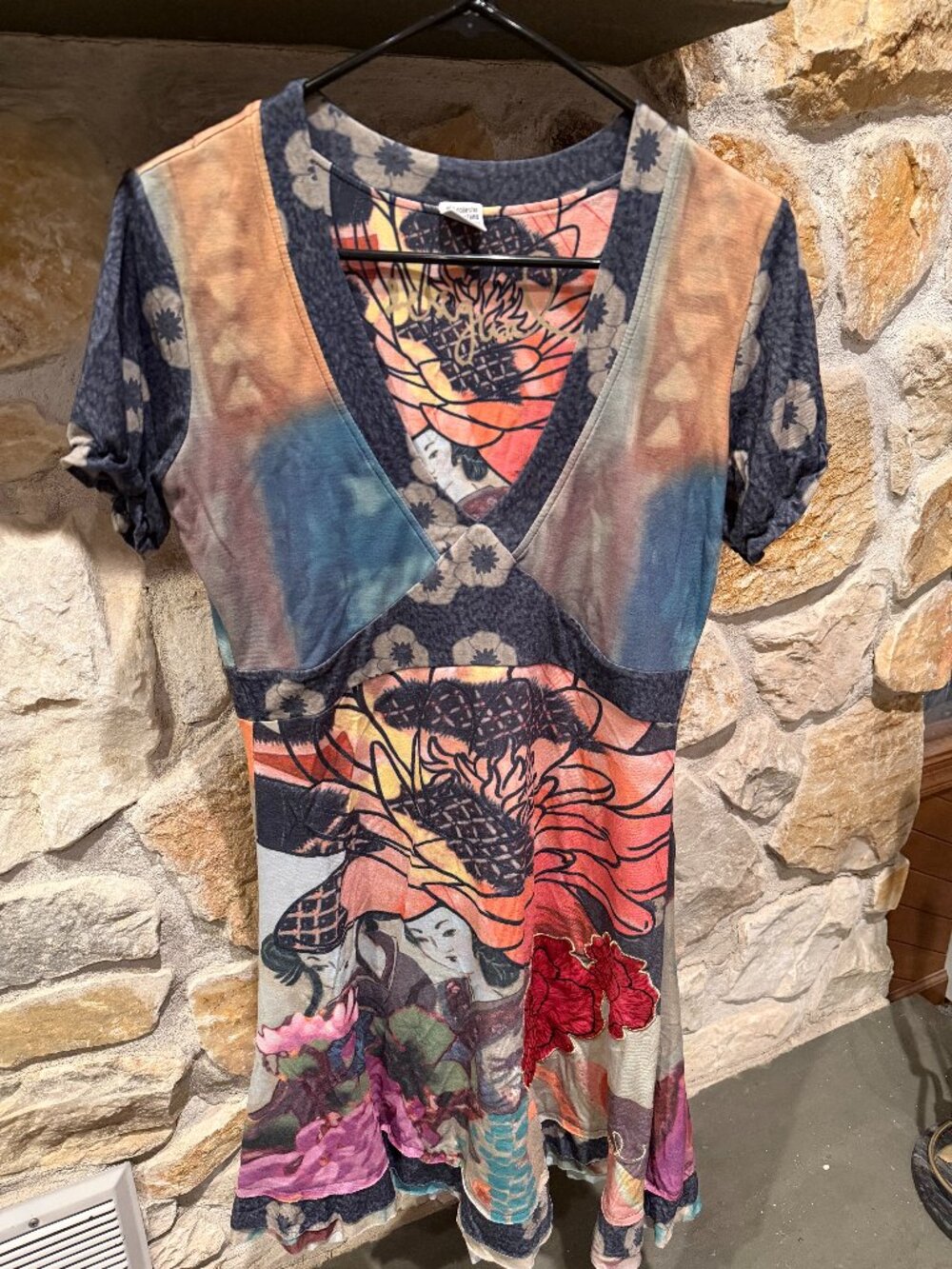 Artsy Patchwork Boho V-Neck Dress Abstract Floral Mixed Print Festival Style